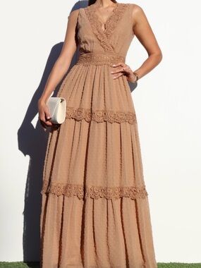 Sleeveless Tan Tiered Lace Maxi Dress